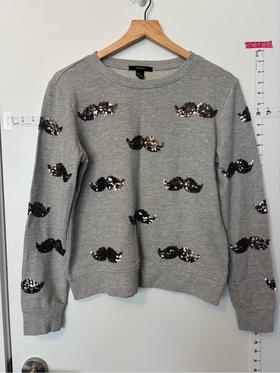 Forever 21 Sweaters - Forever 21 Gray Sequin Mustache Crewneck Sweatshirt